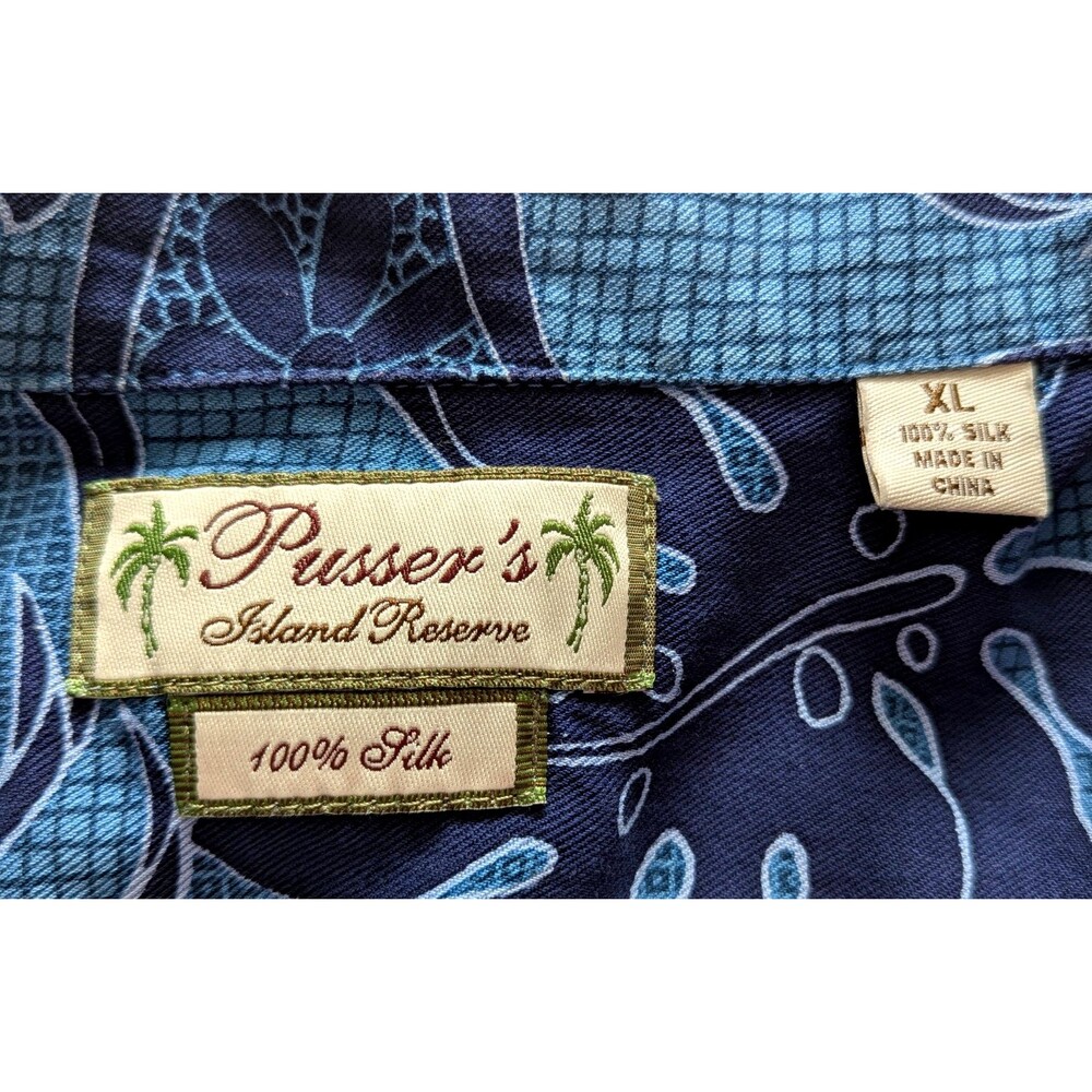 Pusser's Island Reserve Men SS Silk Camp Shirt Tropical Teal Blues Tiny Flaw - Picture 2 of 12